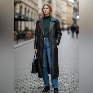 Vintage Pelle Leather Trench Coat Black Double Breasted Retro 90’s Size S